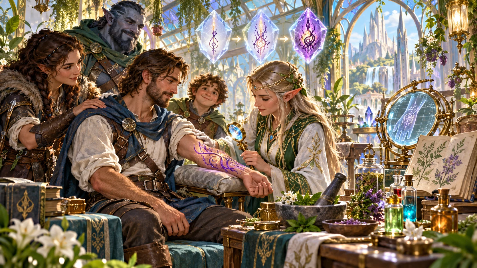 Fantasy illustration of companions observing a luminous curse mark and its stages