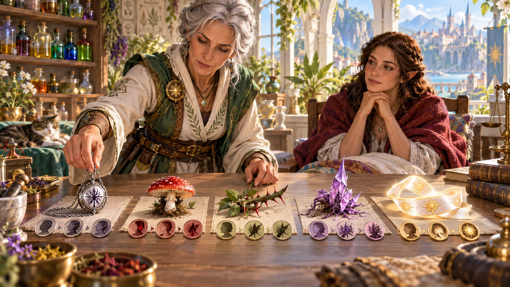 Fantasy illustration of affliction symbols and visible progression arranged on a table